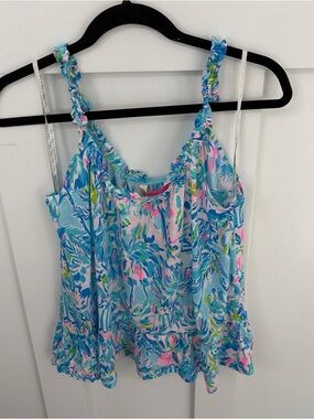 Blue Tropical Print Ruffled Strap Tank Top-Lilly Pulitzer Loro-Small
